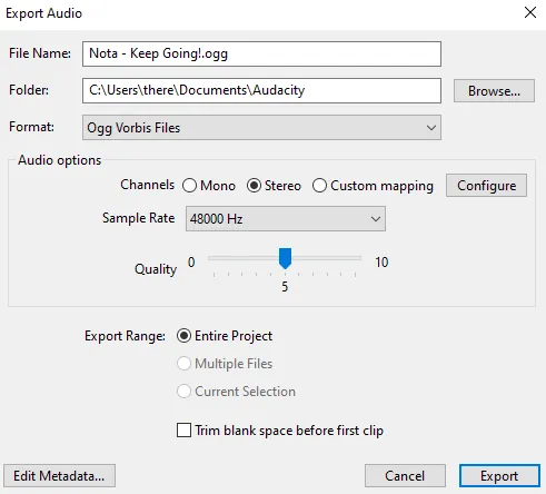 Audacity Audio Export window