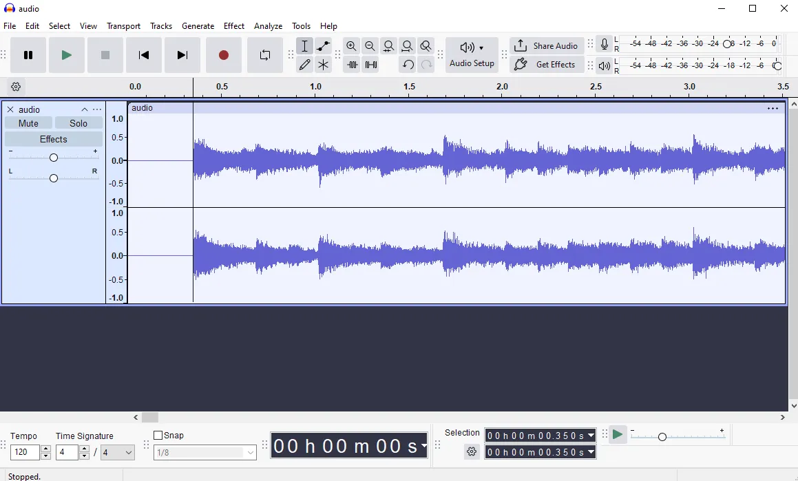 Audacity open to "audio.ogg" with music selector at the start of the waveform