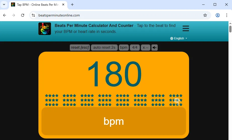 Bpm tapper website displaying a calculated BPM of 180