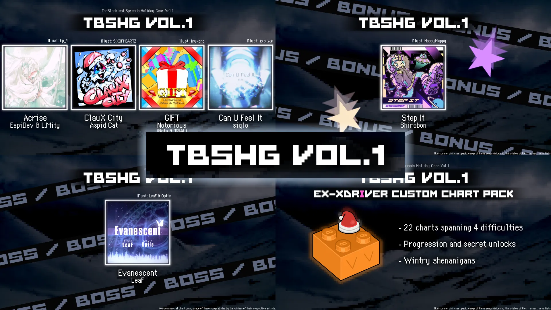 Graphic displaying promotional and in-game material created for "TBSHG Vol.1"