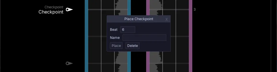 Trackmaker window displaying a placed checkpoint, a checkpoint ghost, and the checkpoint creation popup