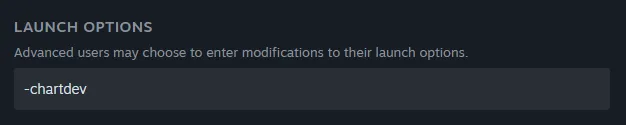 Steam launch options, with "-chartdev" typed into the text box