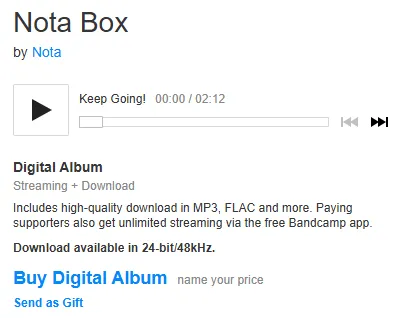 Playback tool on the Bandcamp page of Nota's "Nota Box" album, displaying track "Keep Going!"