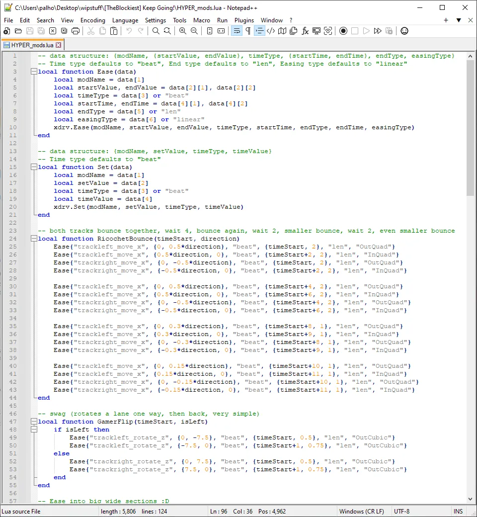 Notepad++ window with modfile of "Keep Going!" HYPER open