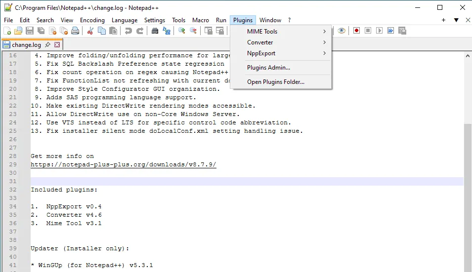 Notepad++ with Plugins dropdown open